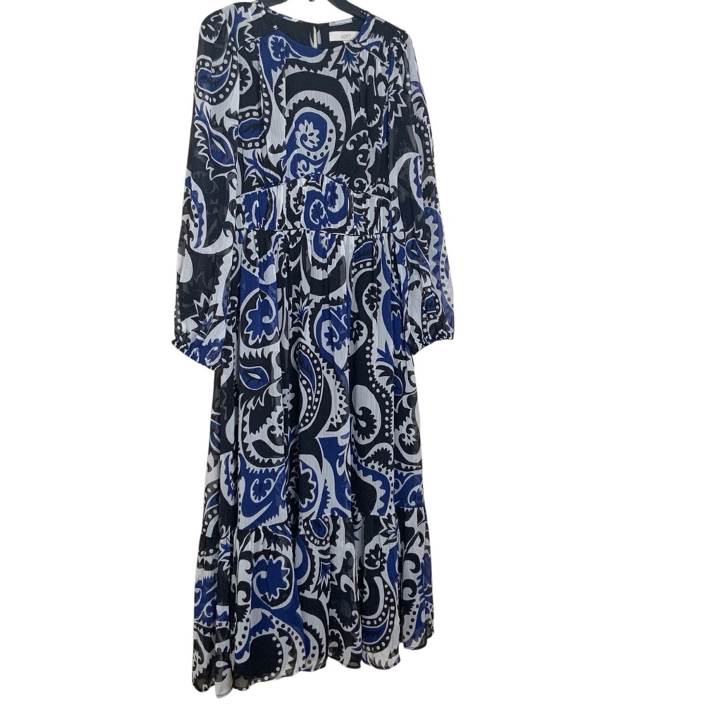 LOFT Blue and Black Paisley Long Sleeve Dress. Sheer sleeves. Size 8 - Picture 3 of 6